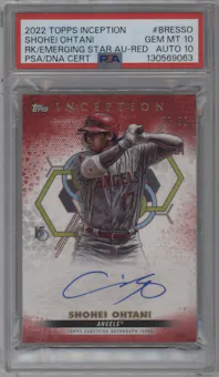 Shohei Ohtani from the 2022 Topps Inception set featuring a Red parallel graded by PSA and given an overall grade of 10.