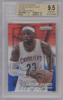 LeBron James from the 2014-15 Panini Prizm set featuring a Red/White/Blue Pulsar parallel graded by Beckett and given an overall grade of 9.5.