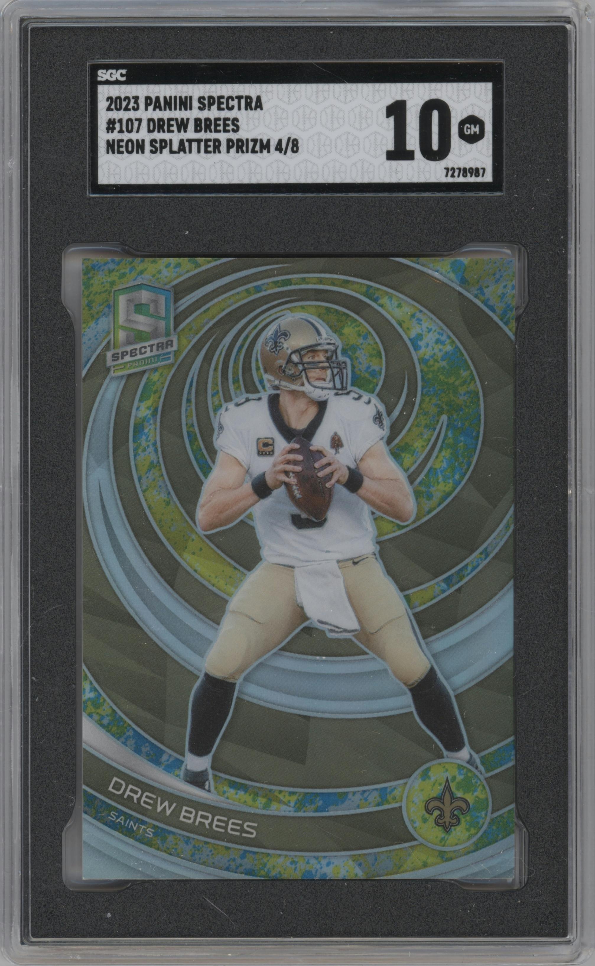 Drew Brees from the 2023 Panini Spectra set featuring a Neon Splatter parallel graded by SGC and given an overall grade of 10.