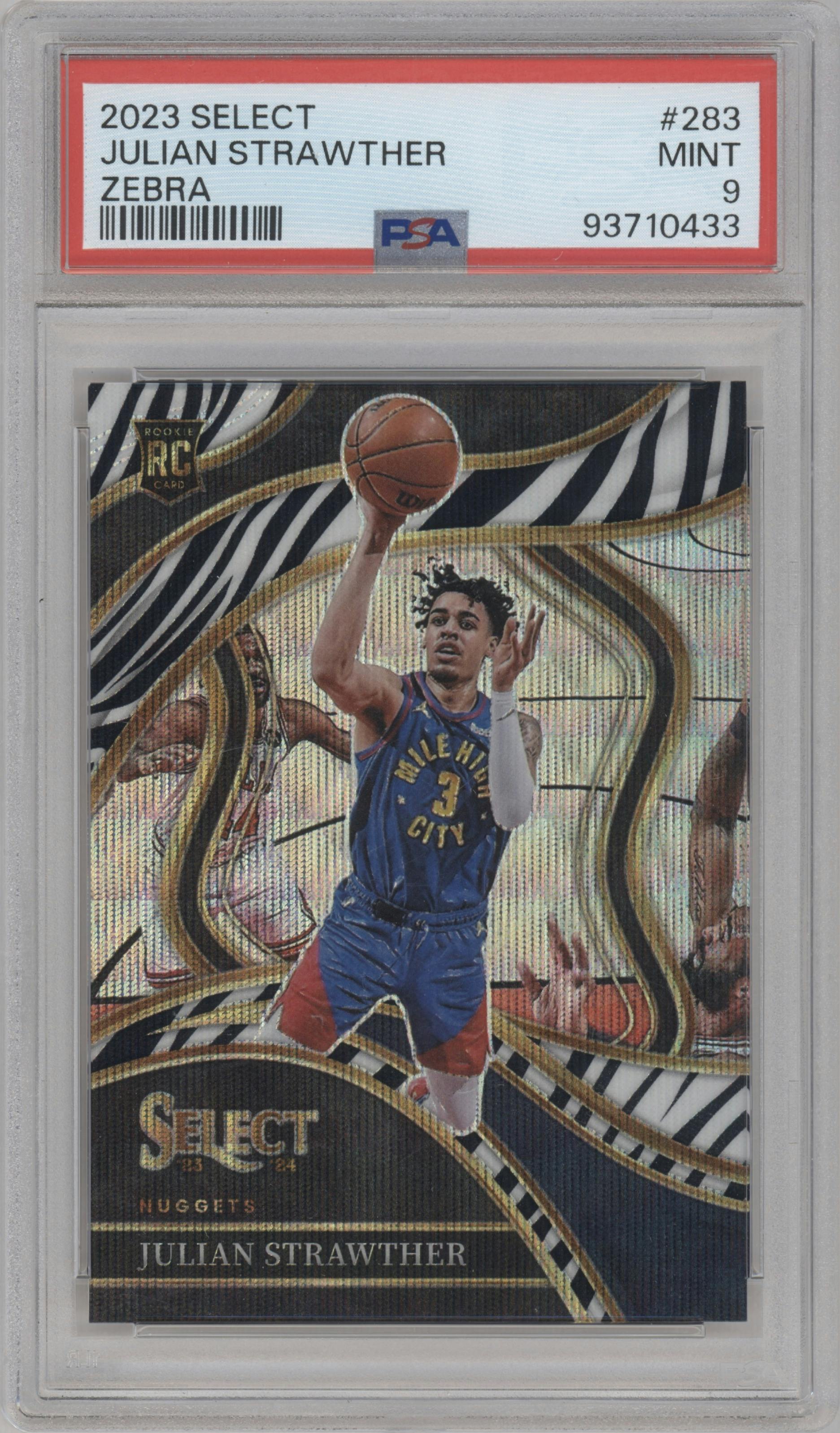 Julian Strawther from the 2023-24 Panini Select  set featuring a Zebra Prizm parallel graded by PSA and given an overall grade of 9.