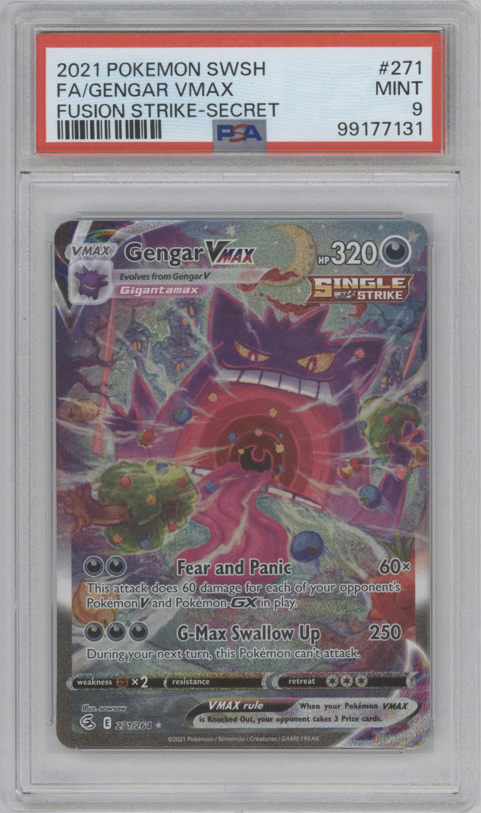 Gengar VMAX from the 2021 Pokemon SWSH set graded by PSA and given an overall grade of 9.