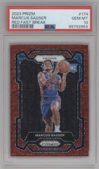 Marcus Sasser from the 2023-24 Panini Prizm set featuring a Fast Break Red parallel graded by PSA and given an overall grade of 10.