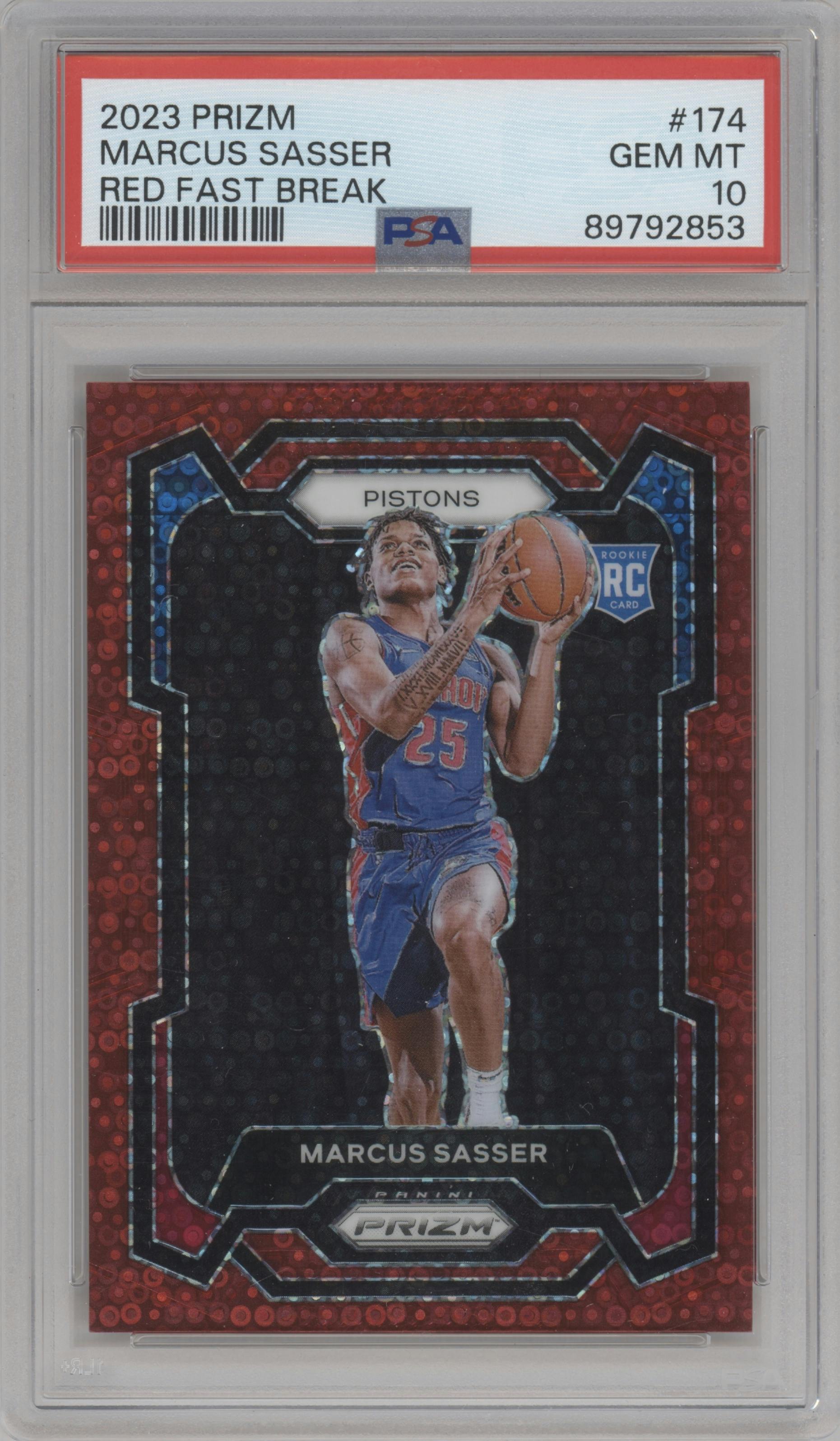 Marcus Sasser from the 2023-24 Panini Prizm set featuring a Fast Break Red parallel graded by PSA and given an overall grade of 10.