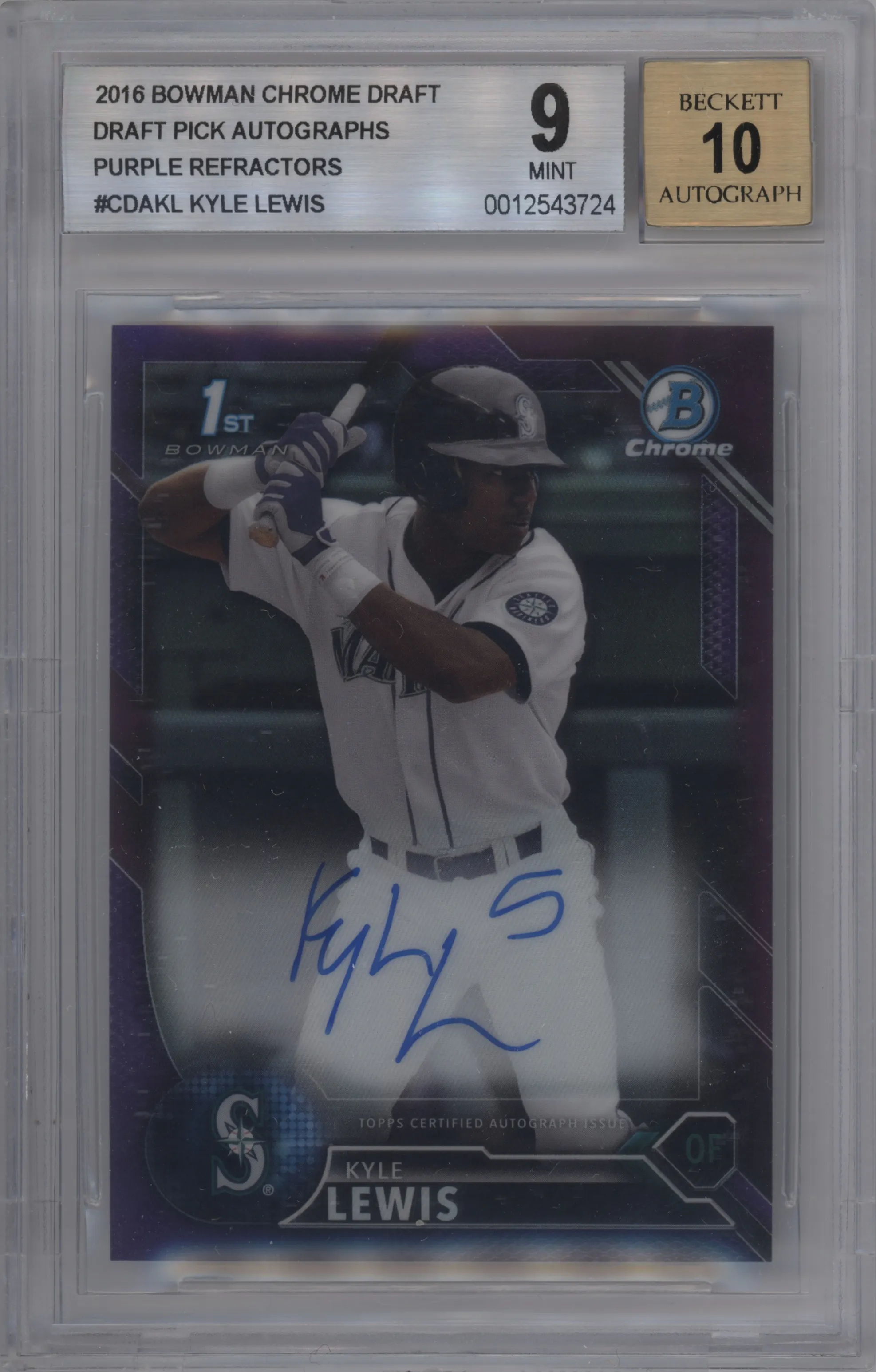 2016 Bowman Draft Chr.Auto Kyle Lewis Purple Refractor BGS 9