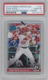 Juan Soto from the 2018 Panini Chronicles set featuring a Prizm parallel graded by PSA and given an overall grade of 10.