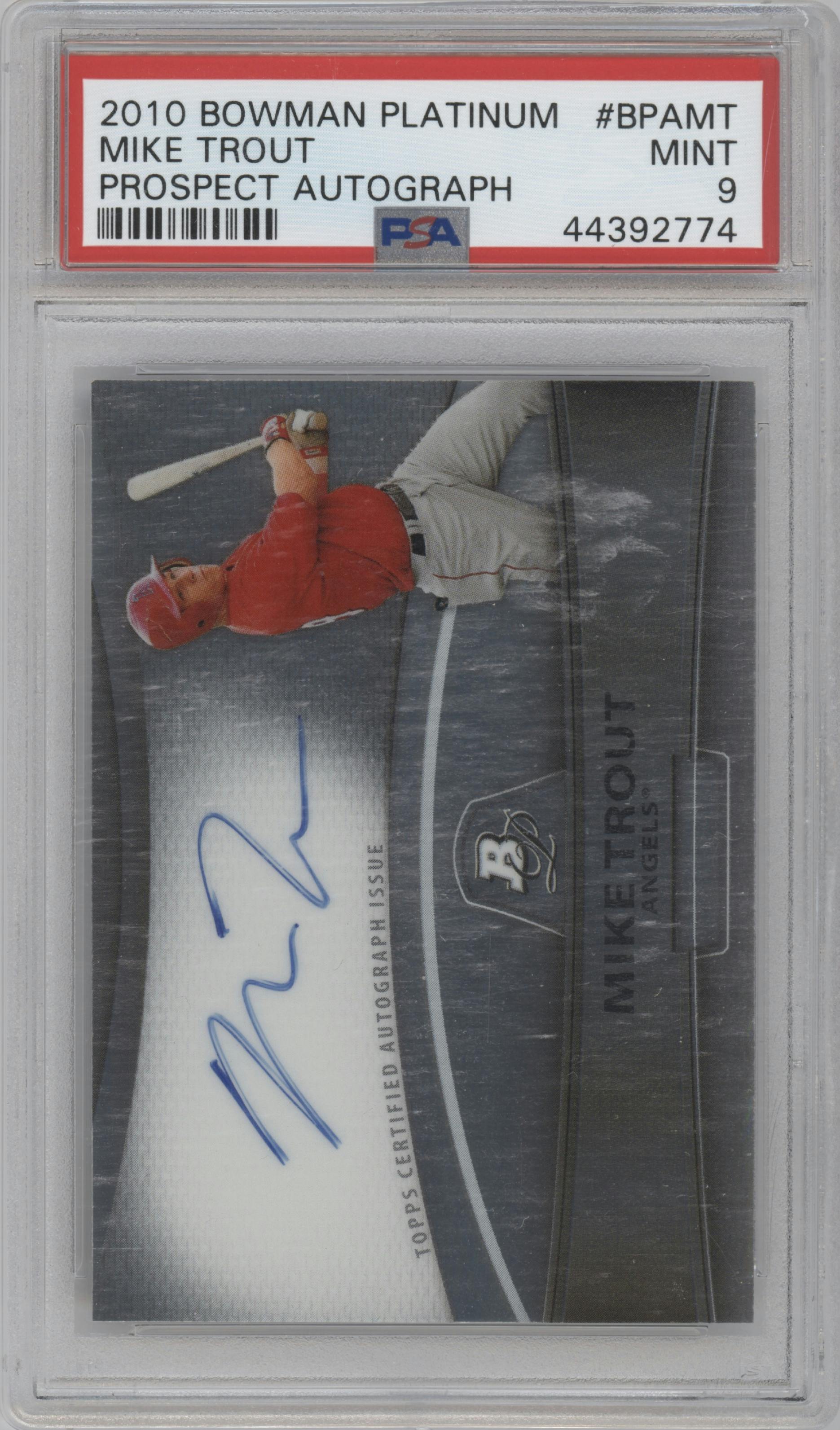 Mike Trout from the 2010 Bowman Platinum set graded by PSA and given an overall grade of 9.