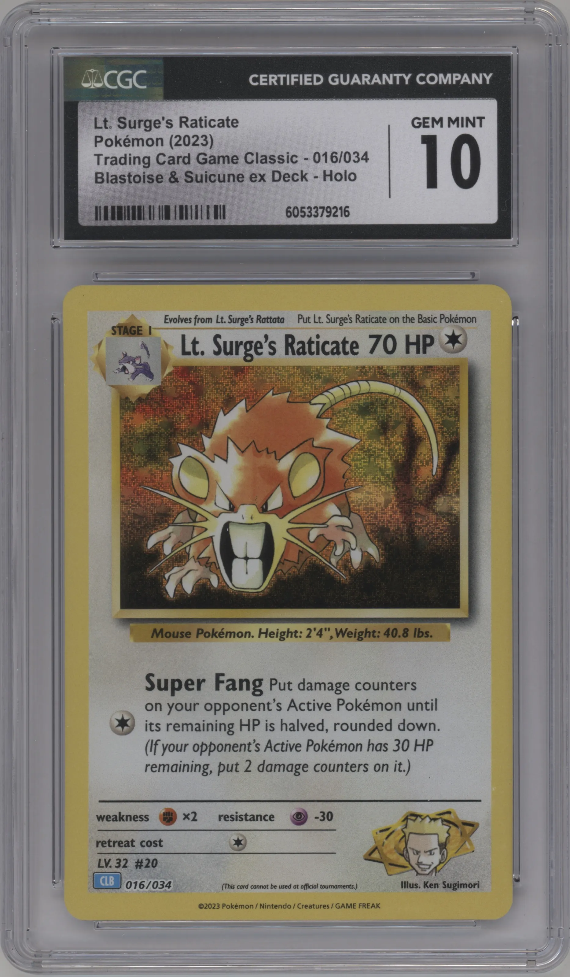 2023 Pokemon CLB Lt. Surge's Raticate #016 CGC 10
