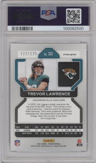 Trevor Lawrence from the 2021 Panini Prizm set featuring a Purple Prizm parallel graded by PSA and given an overall grade of 9.