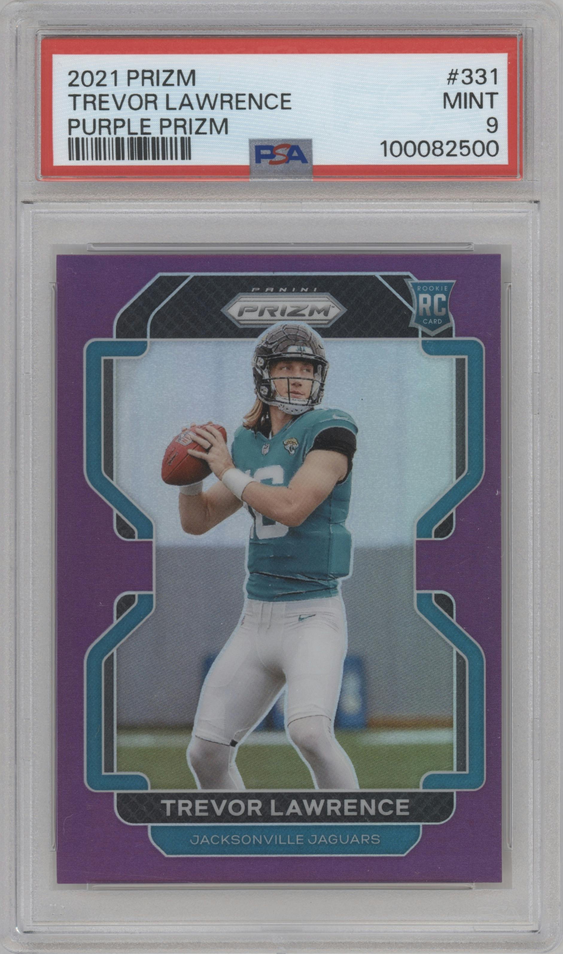 Trevor Lawrence from the 2021 Panini Prizm set featuring a Purple Prizm parallel graded by PSA and given an overall grade of 9.