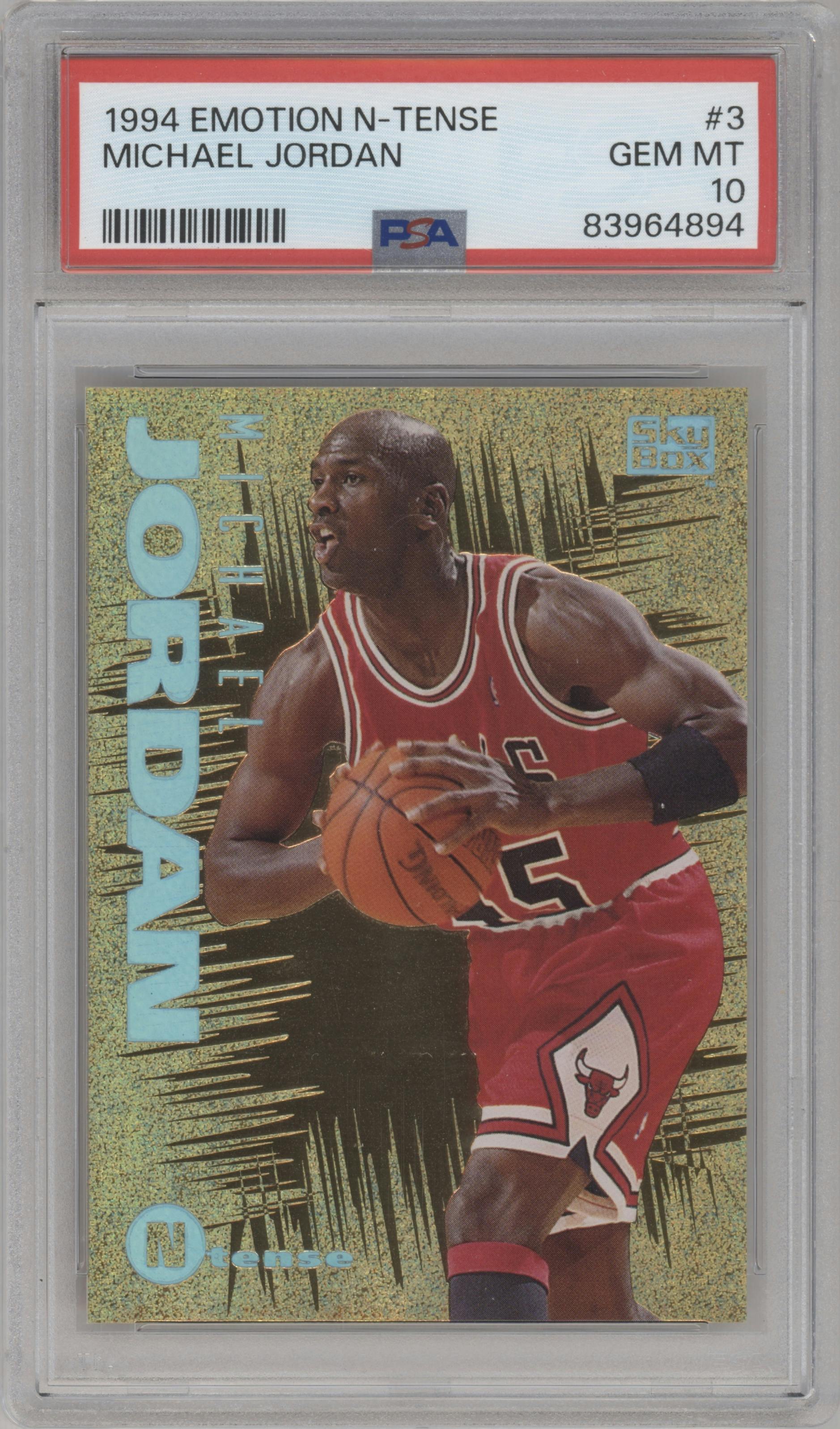Michael Jordan from the 1994-95 SkyBox E-Motion set graded by PSA and given an overall grade of 10.