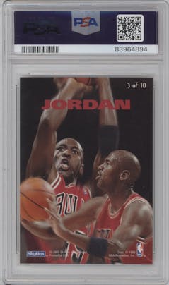 Michael Jordan from the 1994-95 SkyBox E-Motion set graded by PSA and given an overall grade of 10.