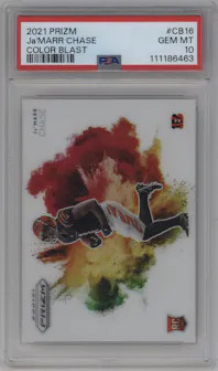 Ja'Marr Chase from the 2021 Panini Prizm set graded by PSA and given an overall grade of 10.