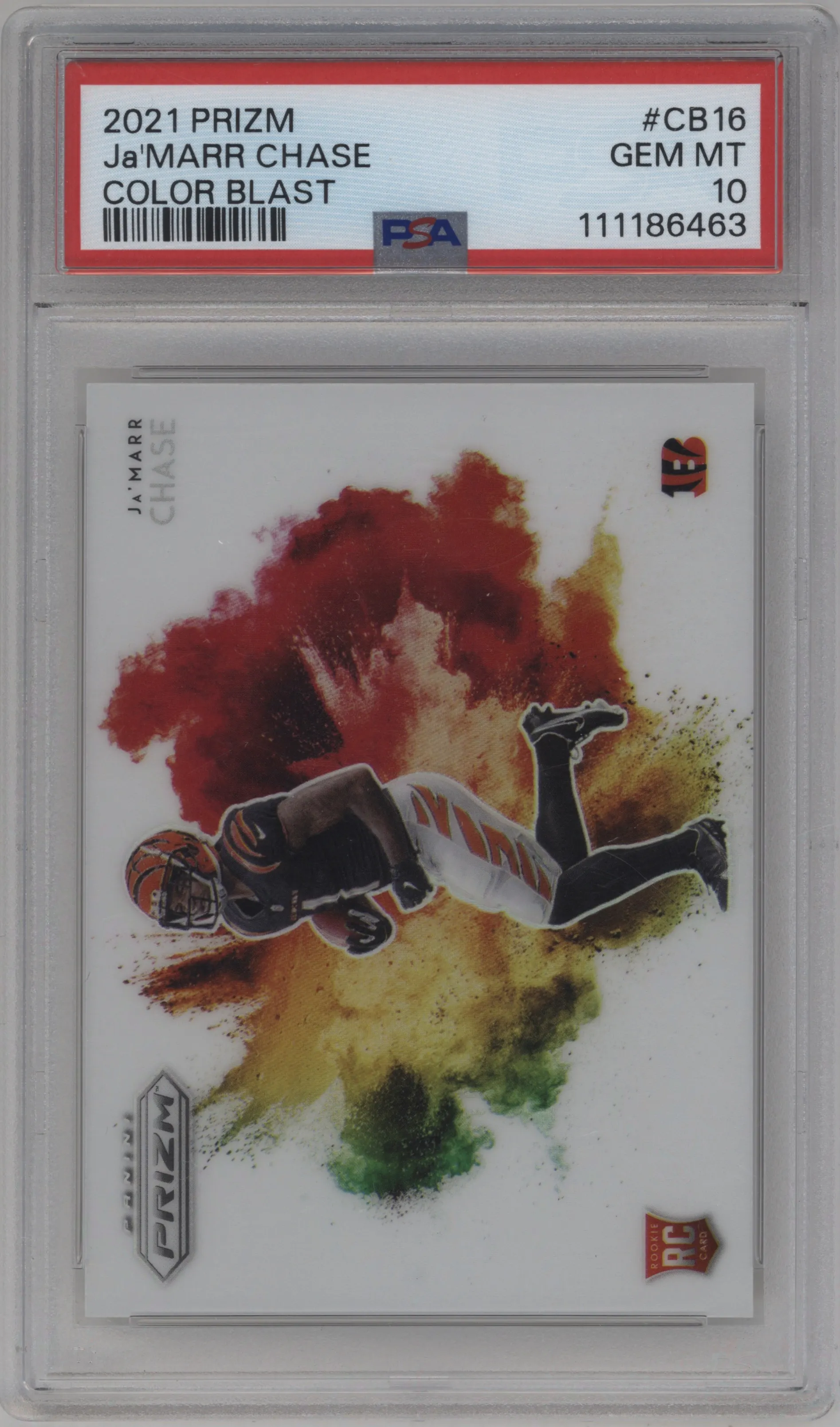 Ja'Marr Chase from the 2021 Panini Prizm set graded by PSA and given an overall grade of 10.