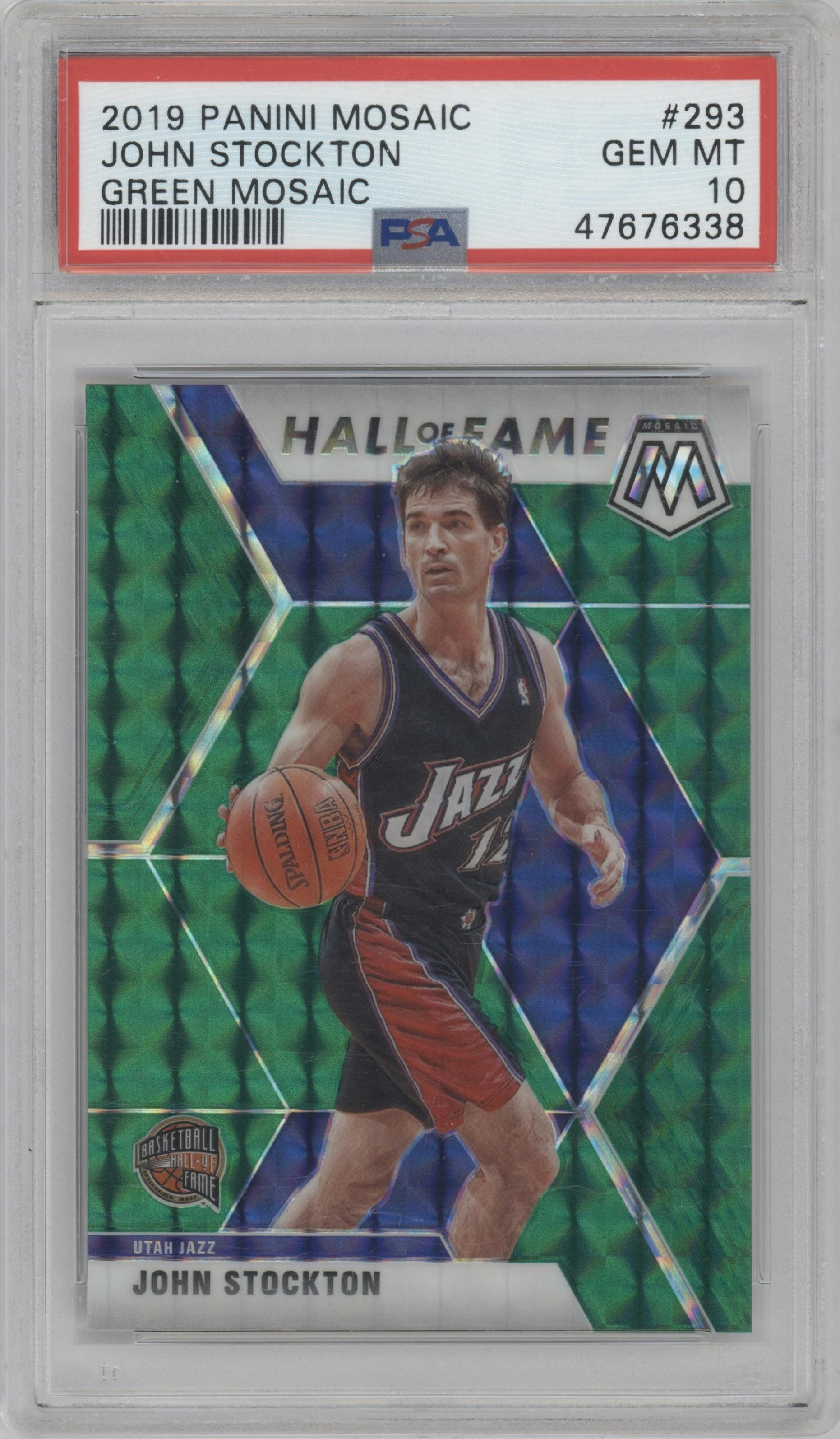 John Stockton from the 2019-20 Panini Mosaic  set featuring a Green Mosaic parallel graded by PSA and given an overall grade of 10.