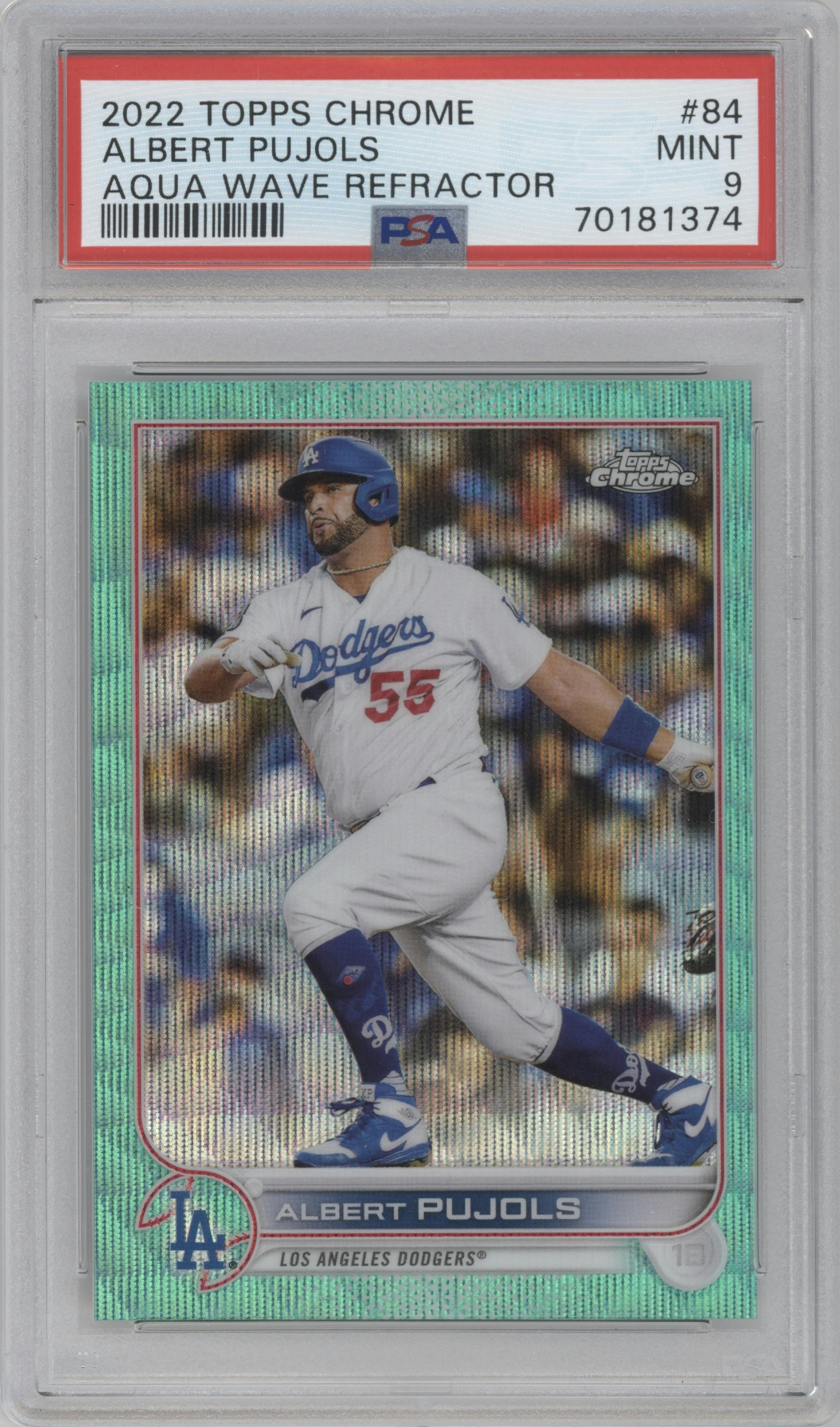 Albert Pujols from the 2022 Topps Chrome set featuring a Aqua Wave Refractor parallel graded by PSA and given an overall grade of 9.