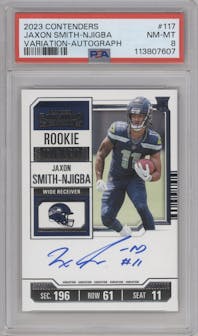 Jaxon Smith-Njigba from the 2023 Panini Contenders set graded by PSA and given an overall grade of 8.