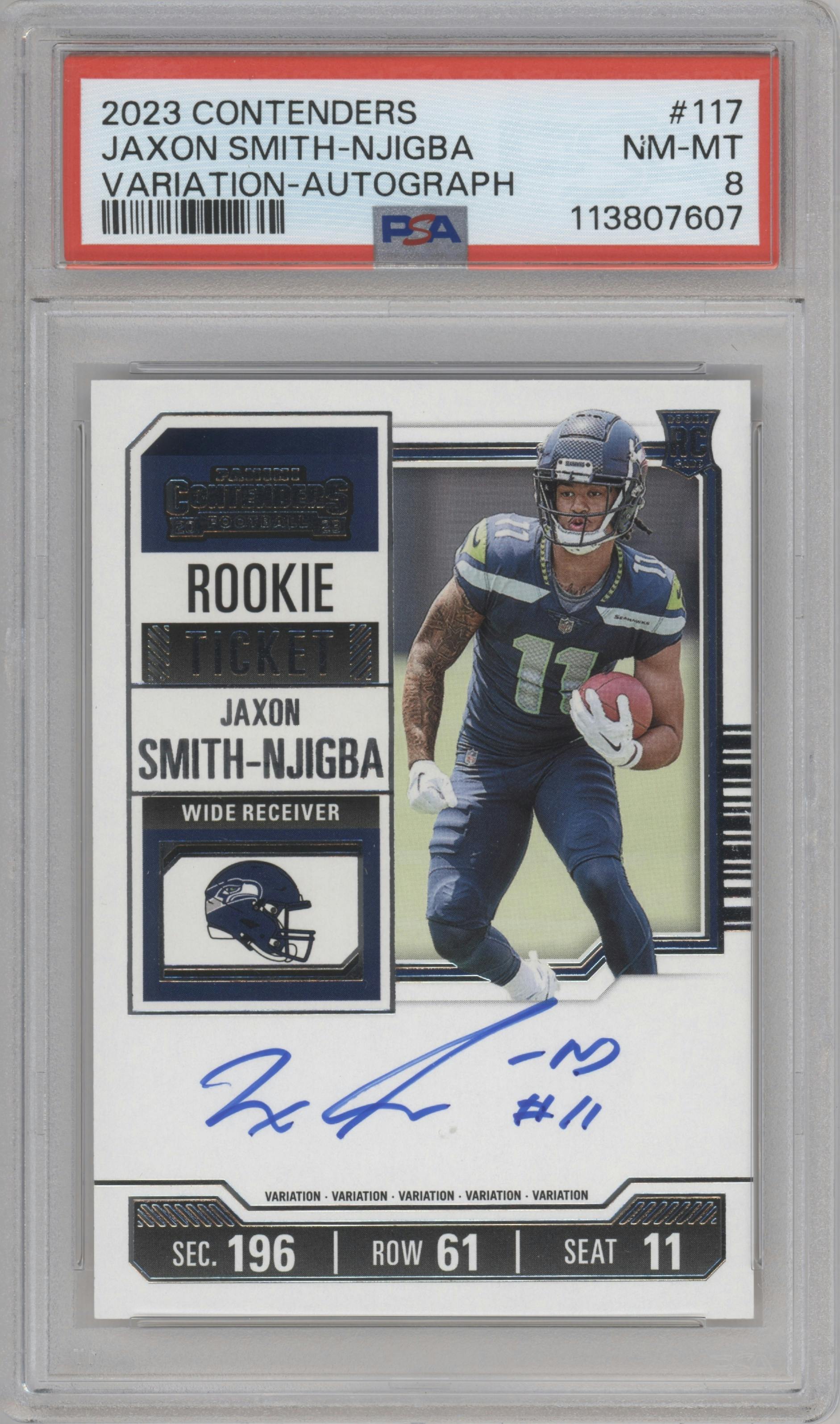 Jaxon Smith-Njigba from the 2023 Panini Contenders set graded by PSA and given an overall grade of 8.