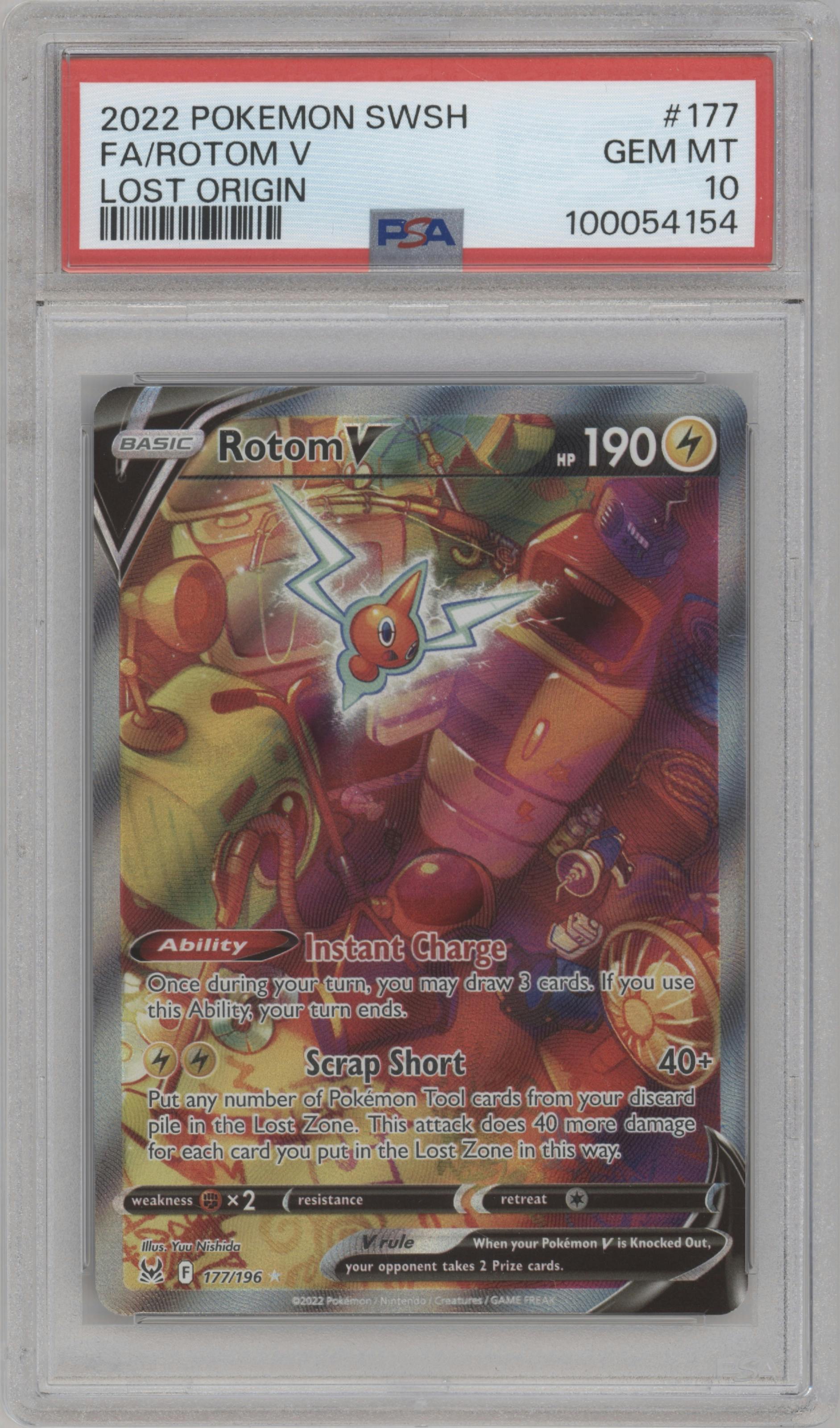 Rotom V from the 2022 Pokemon SWSH set graded by PSA and given an overall grade of 10.