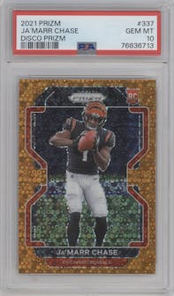 Ja'Marr Chase from the 2021 Panini Prizm set featuring a Disco parallel graded by PSA and given an overall grade of 10.