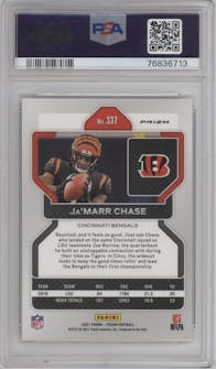 Ja'Marr Chase from the 2021 Panini Prizm set featuring a Disco parallel graded by PSA and given an overall grade of 10.