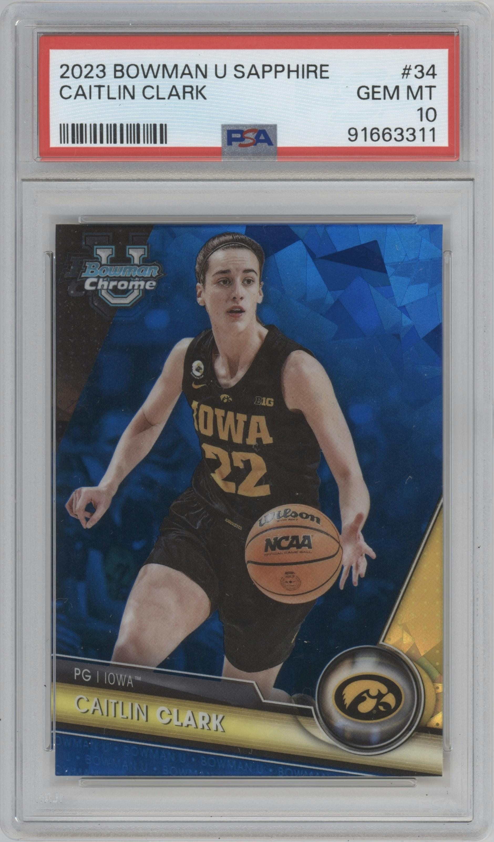 Caitlin Clark from the 2023-24 Bowman U Chrome Sapphire set graded by PSA and given an overall grade of 10.