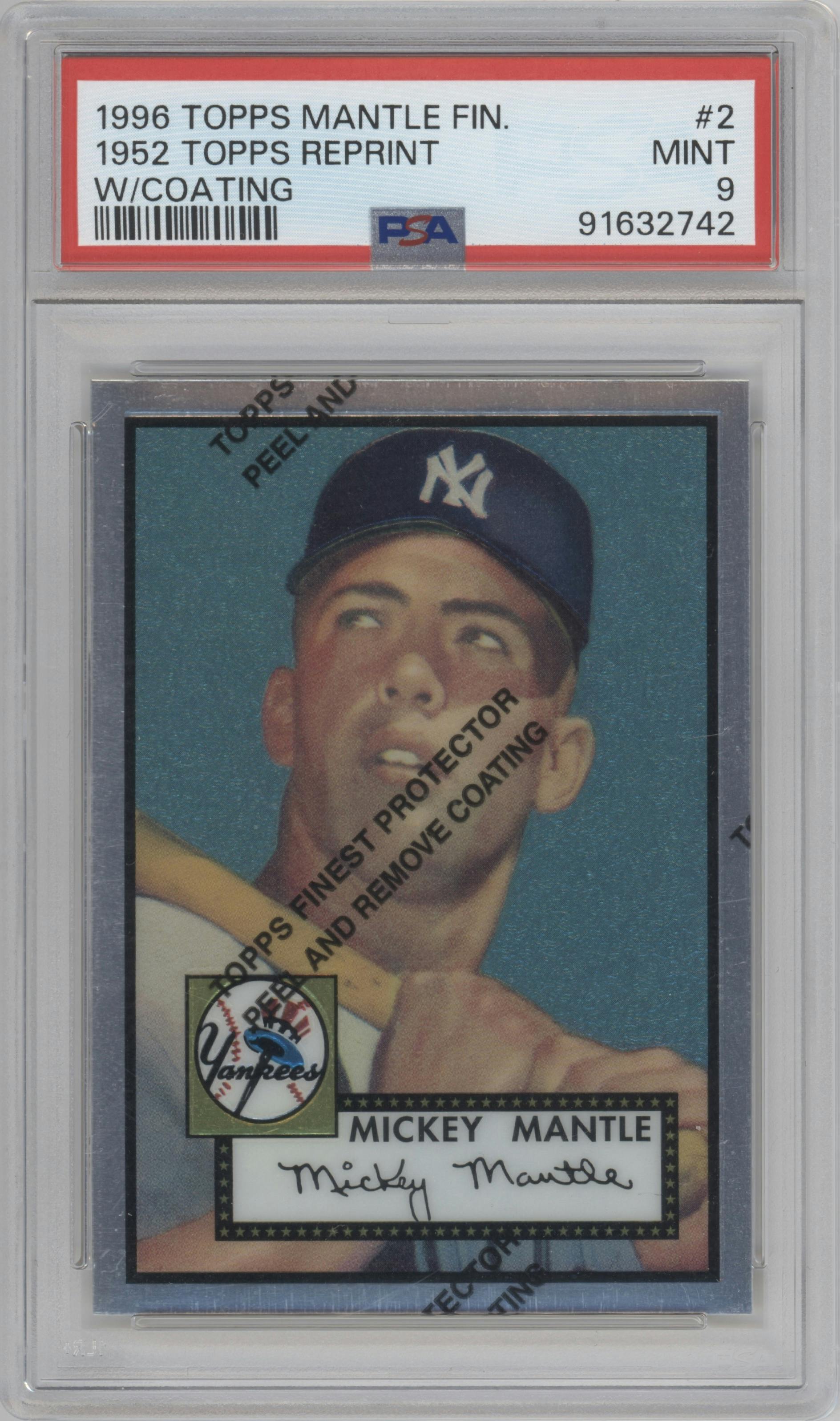 Mickey Mantle from the 1996 Topps set featuring a W/ Coating parallel graded by PSA and given an overall grade of 9.