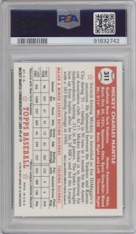 Mickey Mantle from the 1996 Topps set featuring a W/ Coating parallel graded by PSA and given an overall grade of 9.