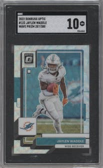 Jaylen Waddle from the 2022 Panini Donruss Optic set featuring a Wave parallel graded by SGC and given an overall grade of 10.