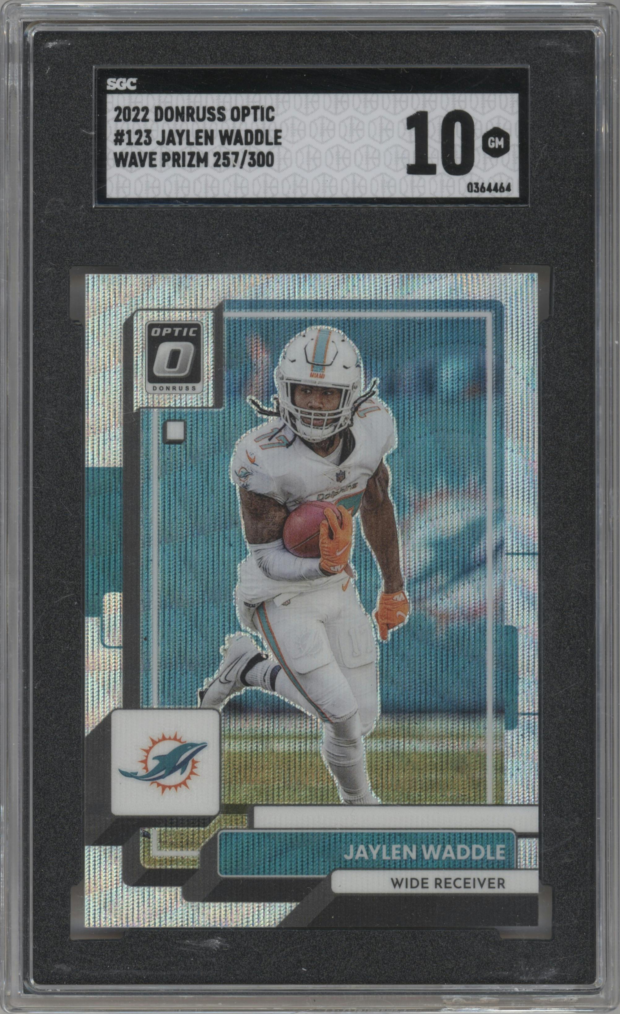 Jaylen Waddle from the 2022 Panini Donruss Optic set featuring a Wave parallel graded by SGC and given an overall grade of 10.