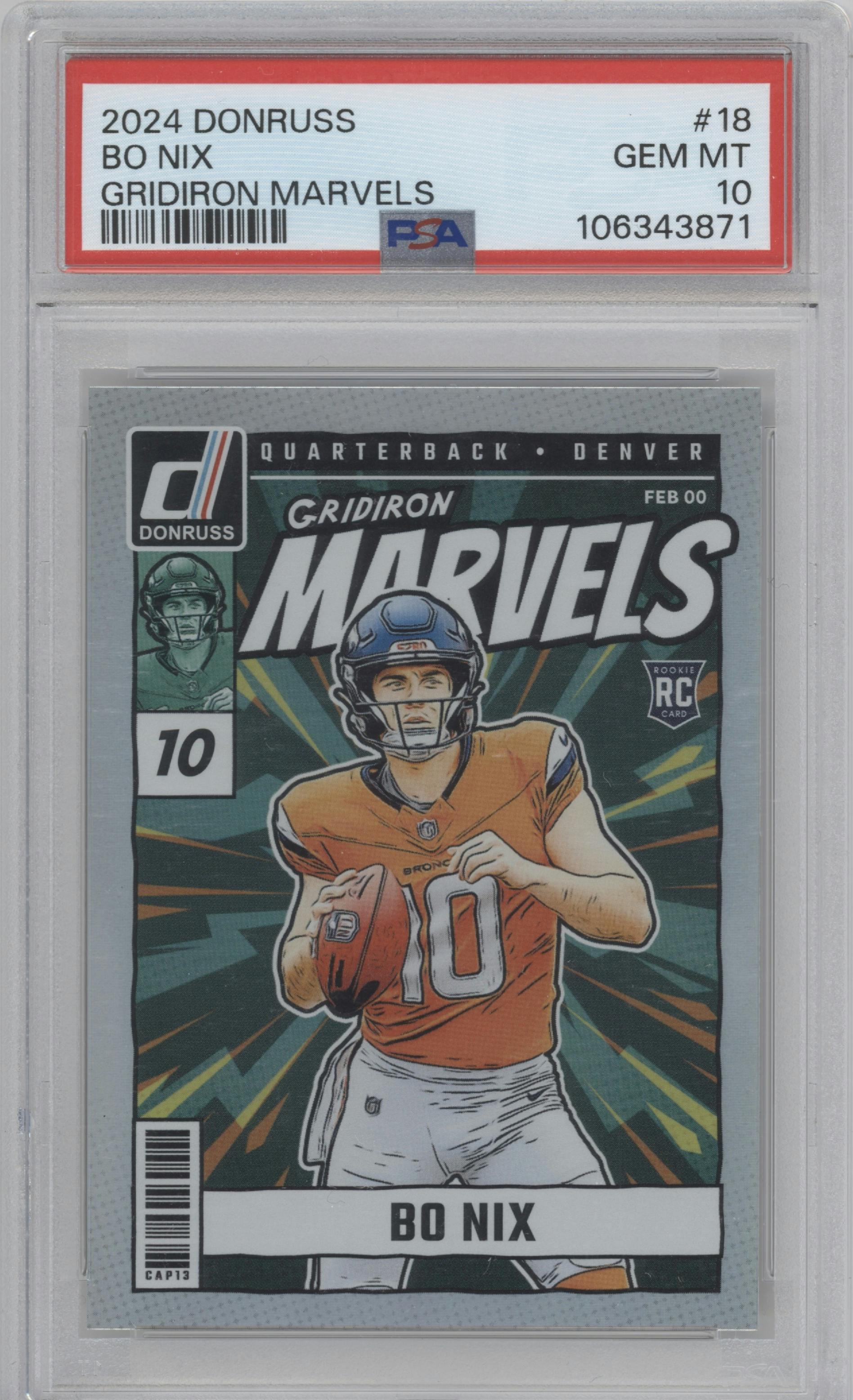 Bo Nix from the 2024 Donruss set graded by PSA and given an overall grade of 10.