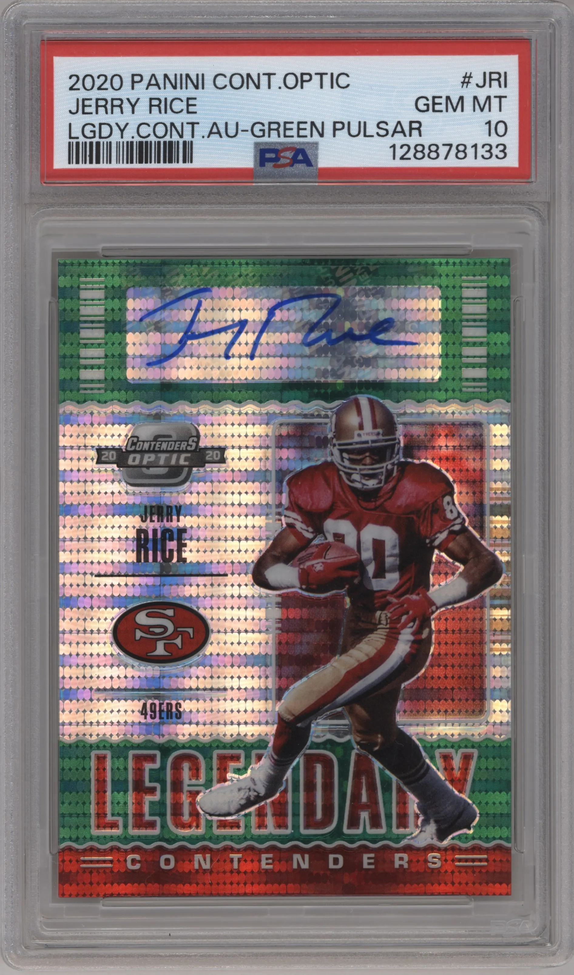2020 Panini Contenders Optic Lgndry.Con.Auto Jerry Rice Green Pulsar #LCA-JRI PSA 10