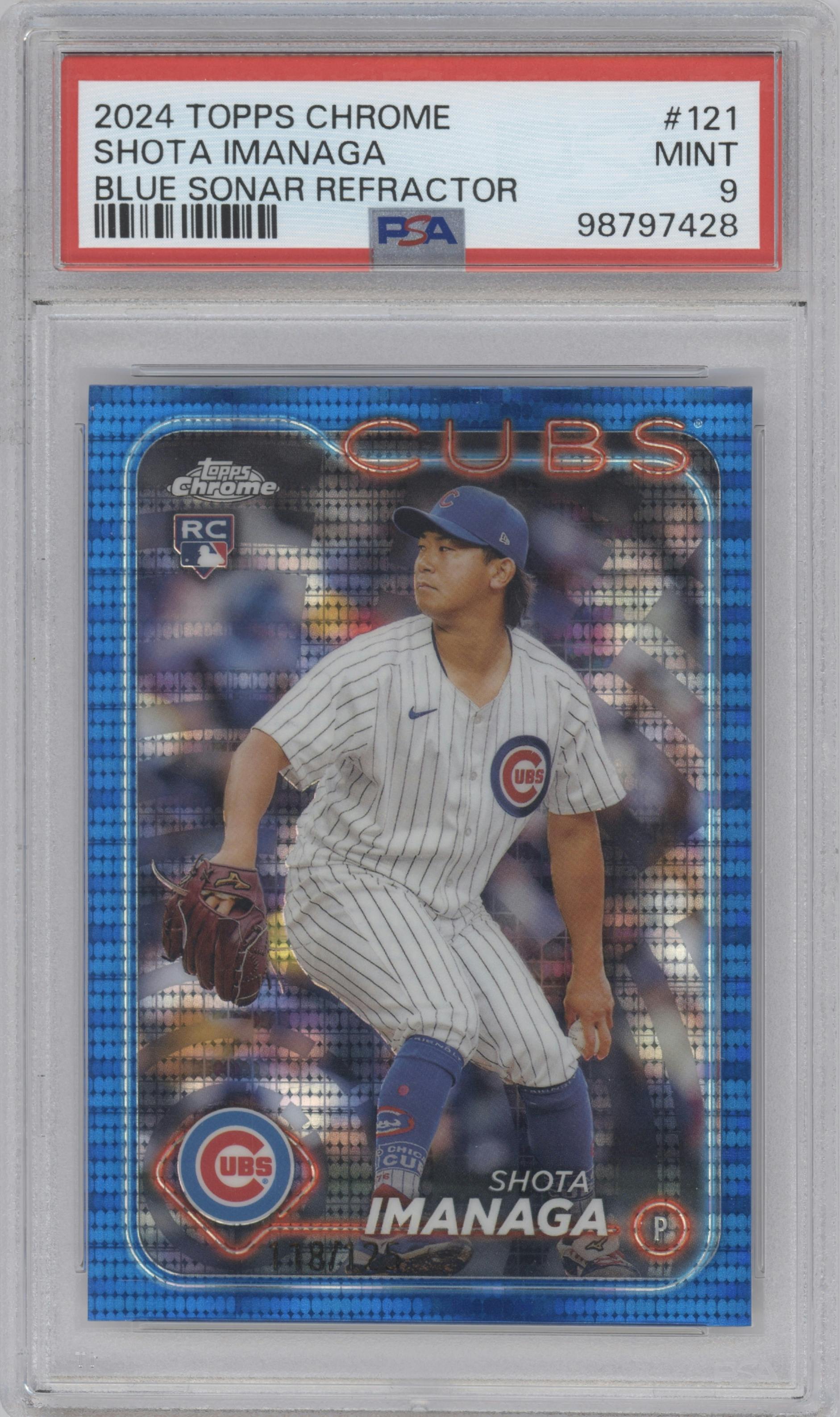 Shota Imanaga from the 2024 Topps Chrome set featuring a Blue Sonar Refractor parallel graded by PSA and given an overall grade of 9.
