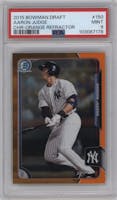 Aaron Judge from the 2015 Bowman Draft set featuring a Orange Refractor parallel graded by PSA and given an overall grade of 9.