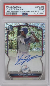 Josue De Paula from the 2023 Bowman  set featuring a Speckle Refractor parallel graded by PSA and given an overall grade of 9.