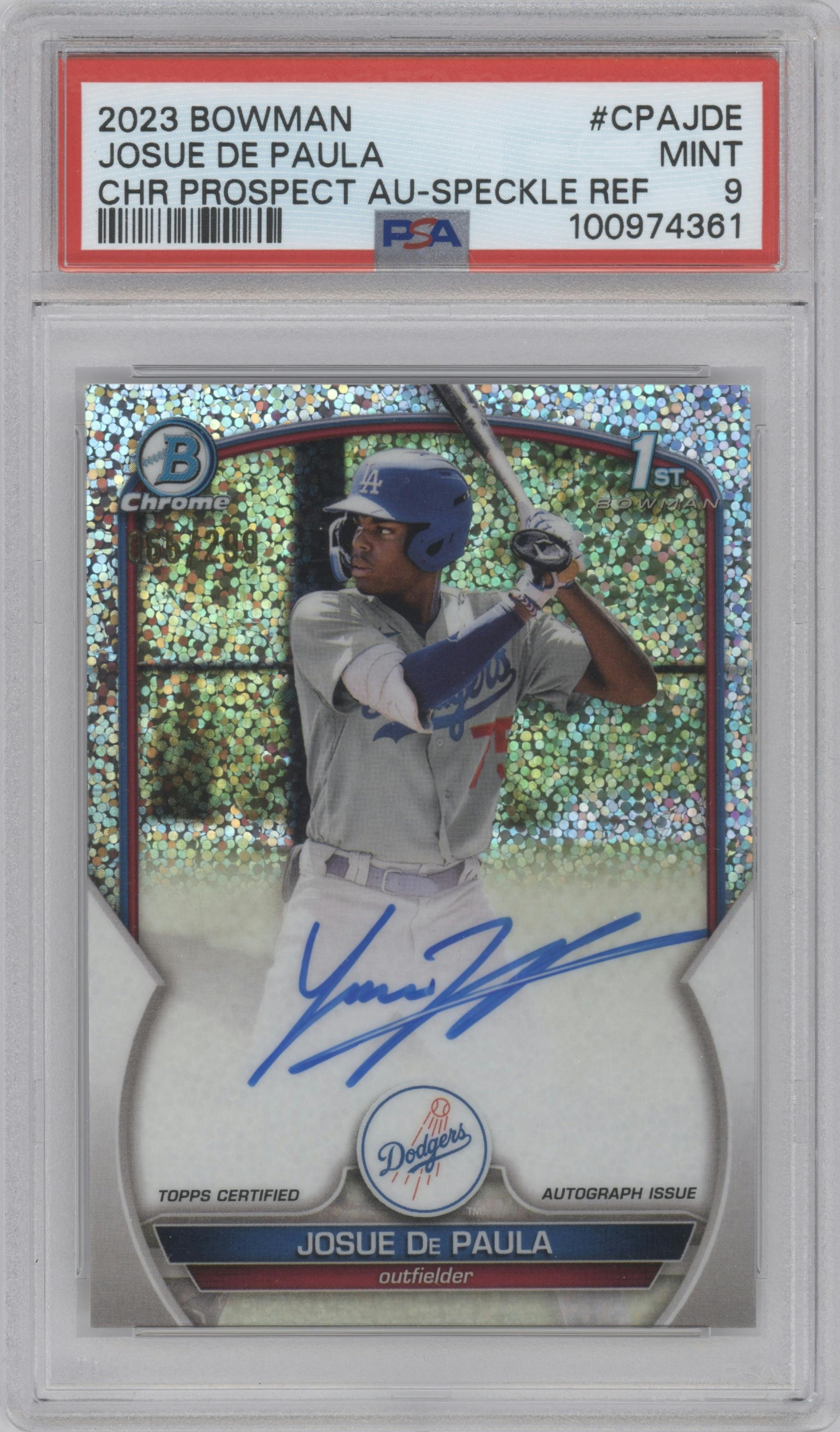 Josue De Paula from the 2023 Bowman  set featuring a Speckle Refractor parallel graded by PSA and given an overall grade of 9.