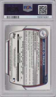 Josue De Paula from the 2023 Bowman  set featuring a Speckle Refractor parallel graded by PSA and given an overall grade of 9.