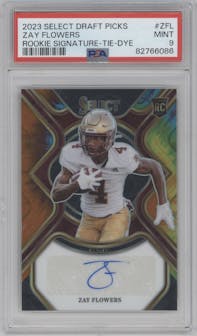 Zay Flowers from the 2023 Panini Select Draft Picks set featuring a Tie-Dye parallel graded by PSA and given an overall grade of 9.