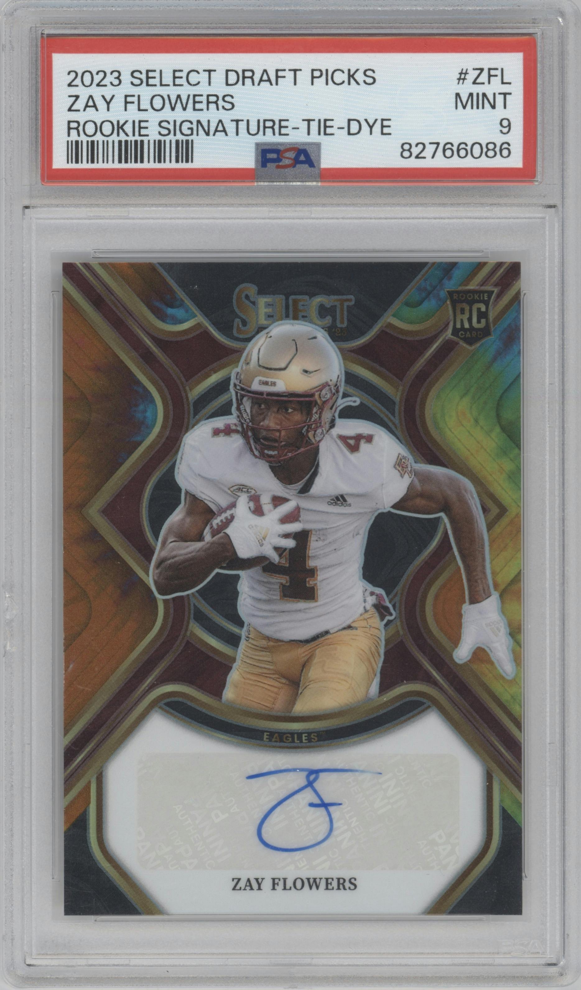 Zay Flowers from the 2023 Panini Select Draft Picks set featuring a Tie-Dye parallel graded by PSA and given an overall grade of 9.