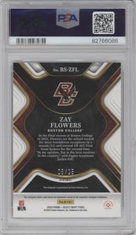 Zay Flowers from the 2023 Panini Select Draft Picks set featuring a Tie-Dye parallel graded by PSA and given an overall grade of 9.