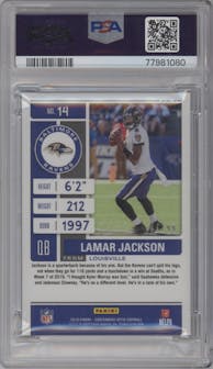 Lamar Jackson from the 2019 Panini Contenders Optic set featuring a Blue parallel graded by PSA and given an overall grade of 9.