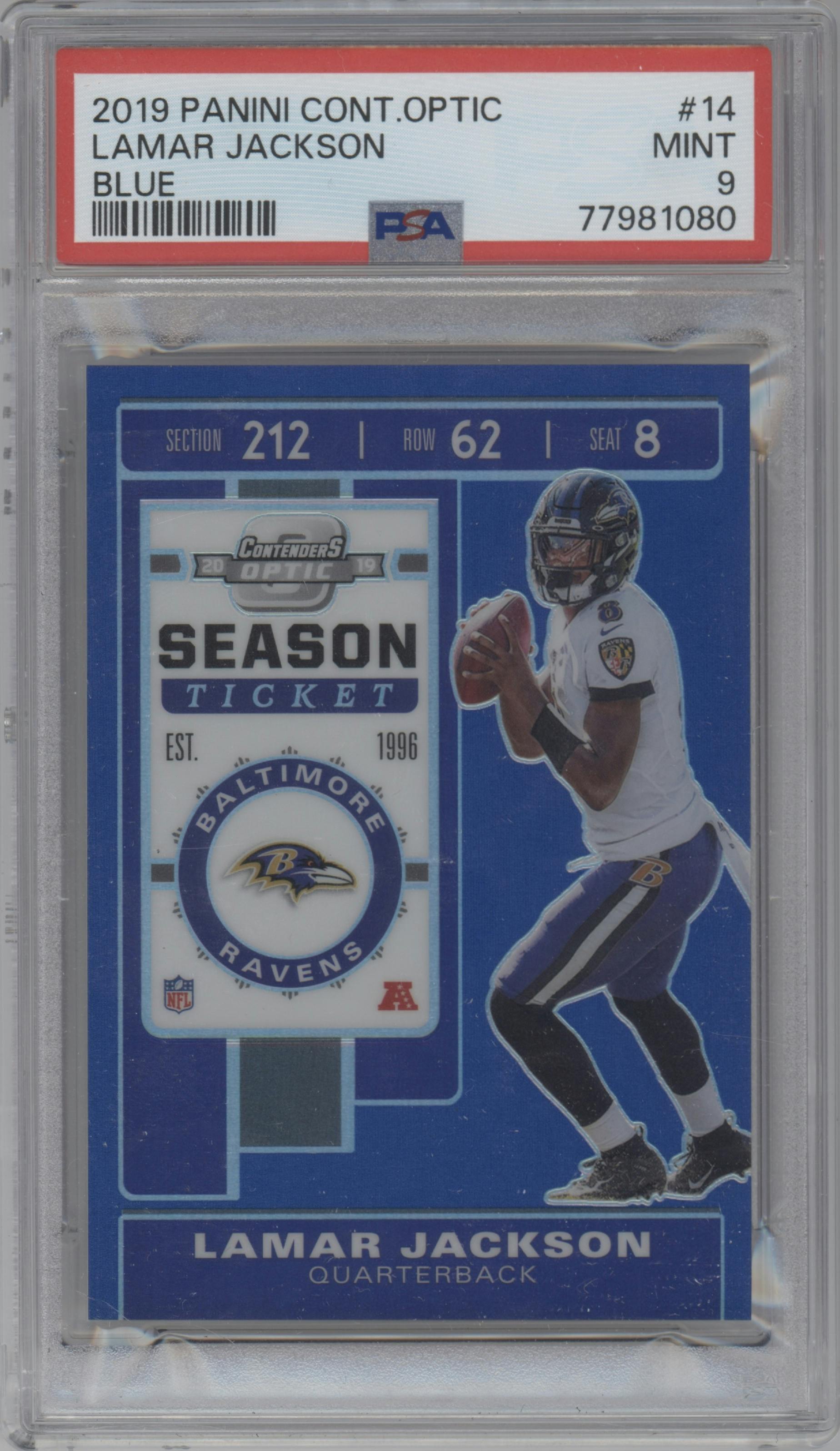 Lamar Jackson from the 2019 Panini Contenders Optic set featuring a Blue parallel graded by PSA and given an overall grade of 9.