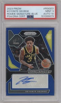 Keyonte George from the 2023-24 Panini Prizm set featuring a Blue Prizm parallel graded by PSA and given an overall grade of 9.