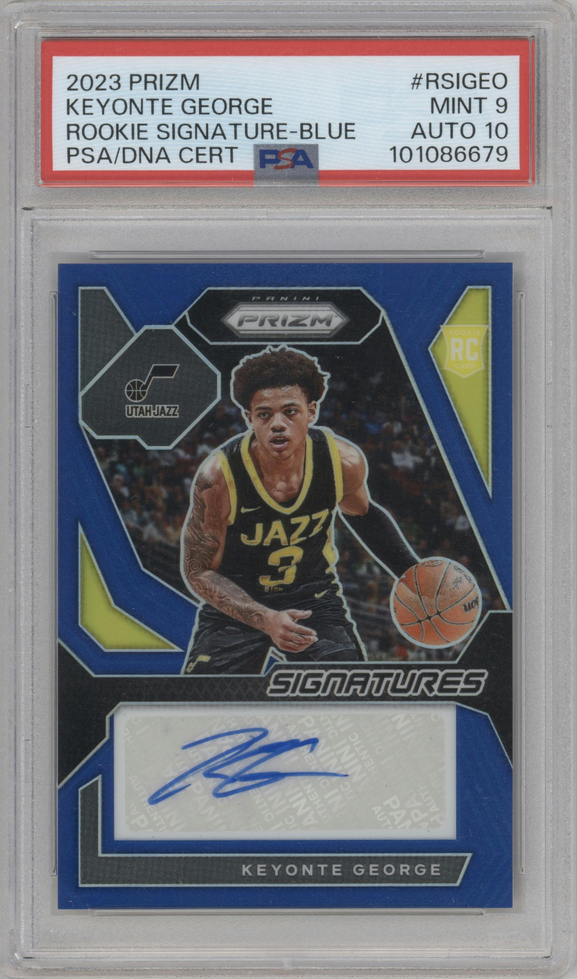 Keyonte George from the 2023-24 Panini Prizm set featuring a Blue Prizm parallel graded by PSA and given an overall grade of 9.