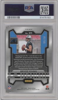 Bryce Young from the 2023 Panini Prizm set featuring a Blue Sparkle parallel graded by PSA and given an overall grade of 9.
