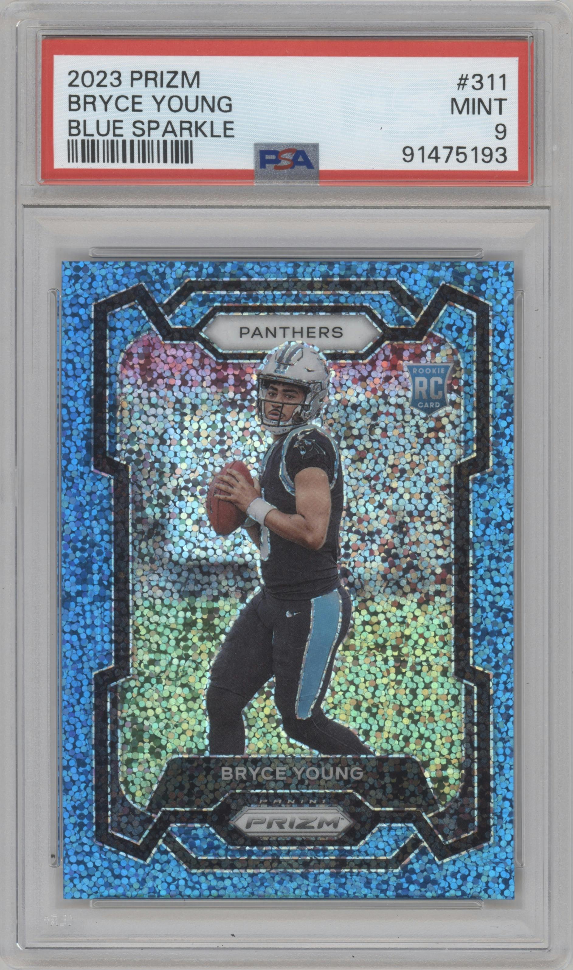 Bryce Young from the 2023 Panini Prizm set featuring a Blue Sparkle parallel graded by PSA and given an overall grade of 9.