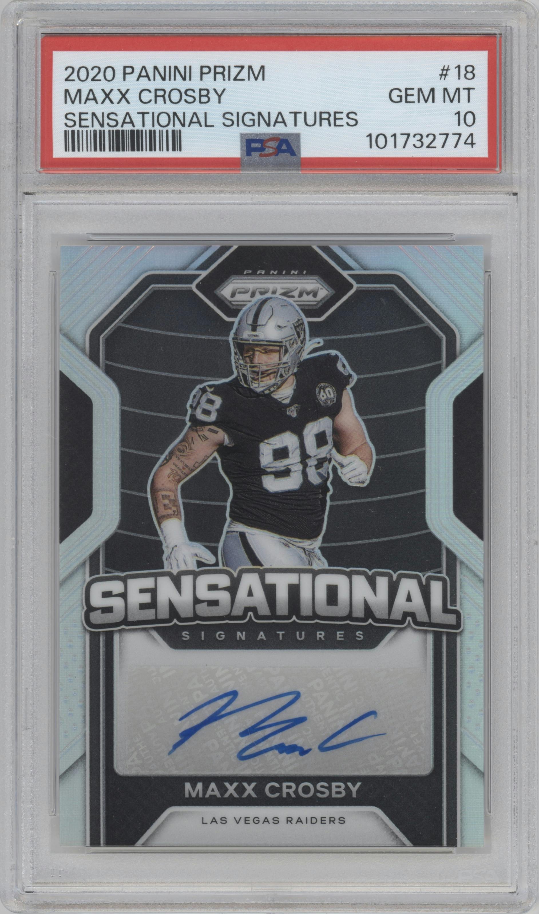 Maxx Crosby from the 2020 Panini Prizm set graded by PSA and given an overall grade of 10.