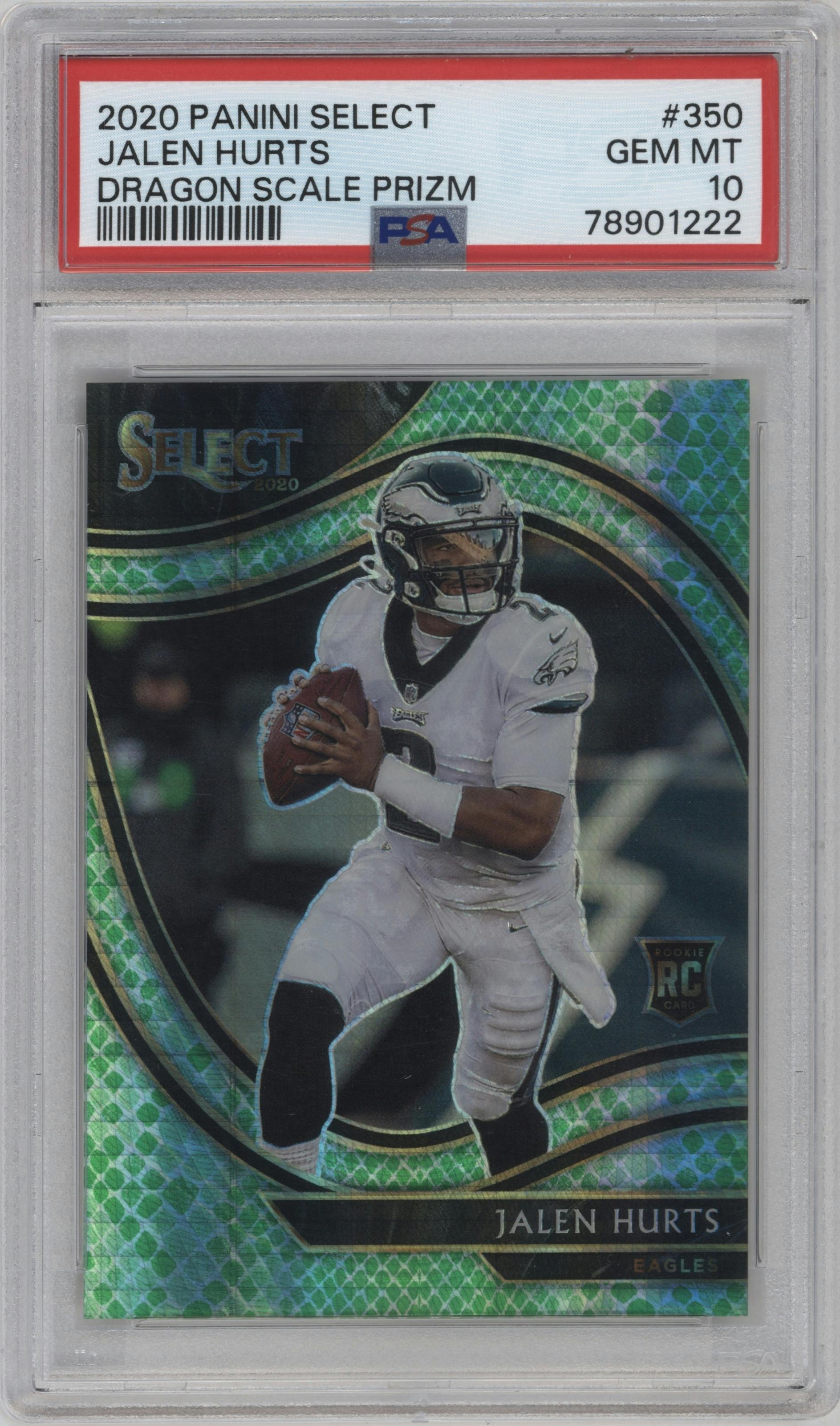 Jalen Hurts from the 2020 Panini Select set featuring a Dragon Scale parallel graded by PSA and given an overall grade of 10.