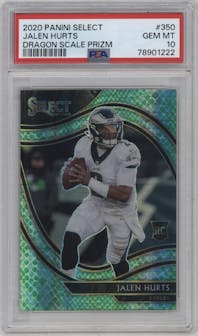 Jalen Hurts from the 2020 Panini Select set featuring a Dragon Scale parallel graded by PSA and given an overall grade of 10.