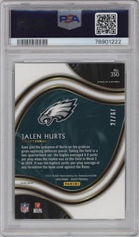 Jalen Hurts from the 2020 Panini Select set featuring a Dragon Scale parallel graded by PSA and given an overall grade of 10.