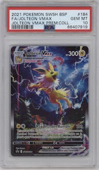 Jolteon VMAX from the 2021 Pokemon SWSH set featuring a Jolteon VMAX Premium Collection parallel graded by PSA and given an overall grade of 10.